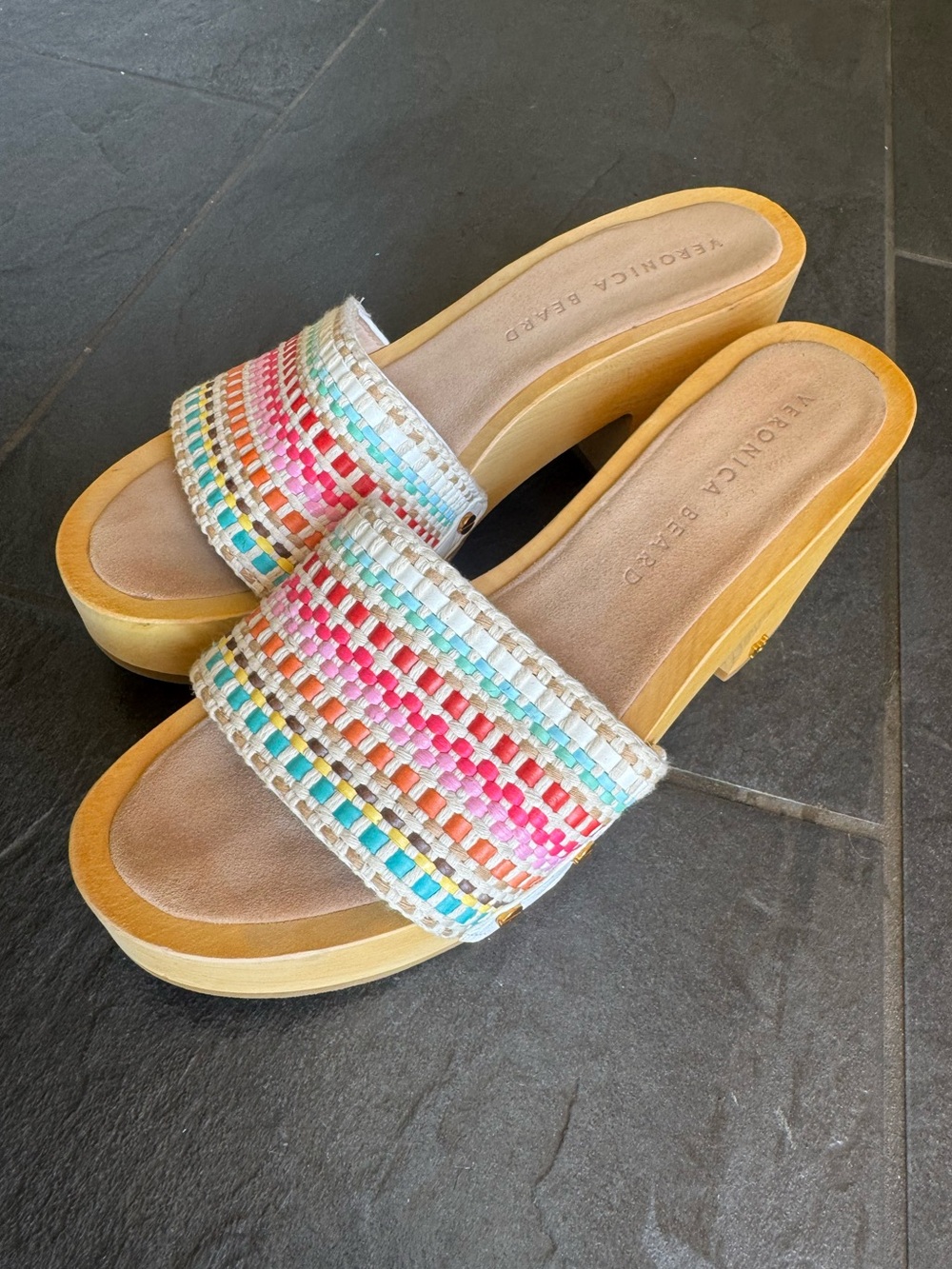 Veronica Beard Multicolor Woven Wooden Platform Slide Sandals Size 7